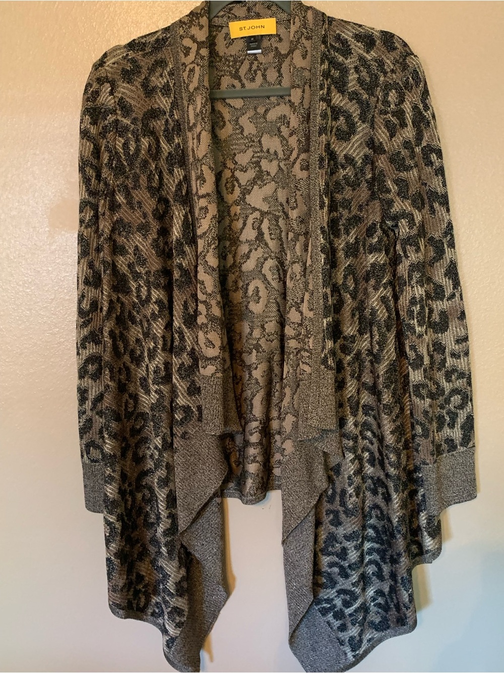 St. John Caviar Metallic Animal Print Cascading Cardigan Size M
